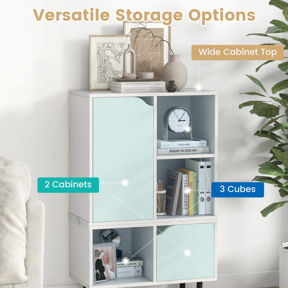 Modern stackable bookcase in white featuring 2 cabinets and 3 adjustable cubes for versatile storage in any room.