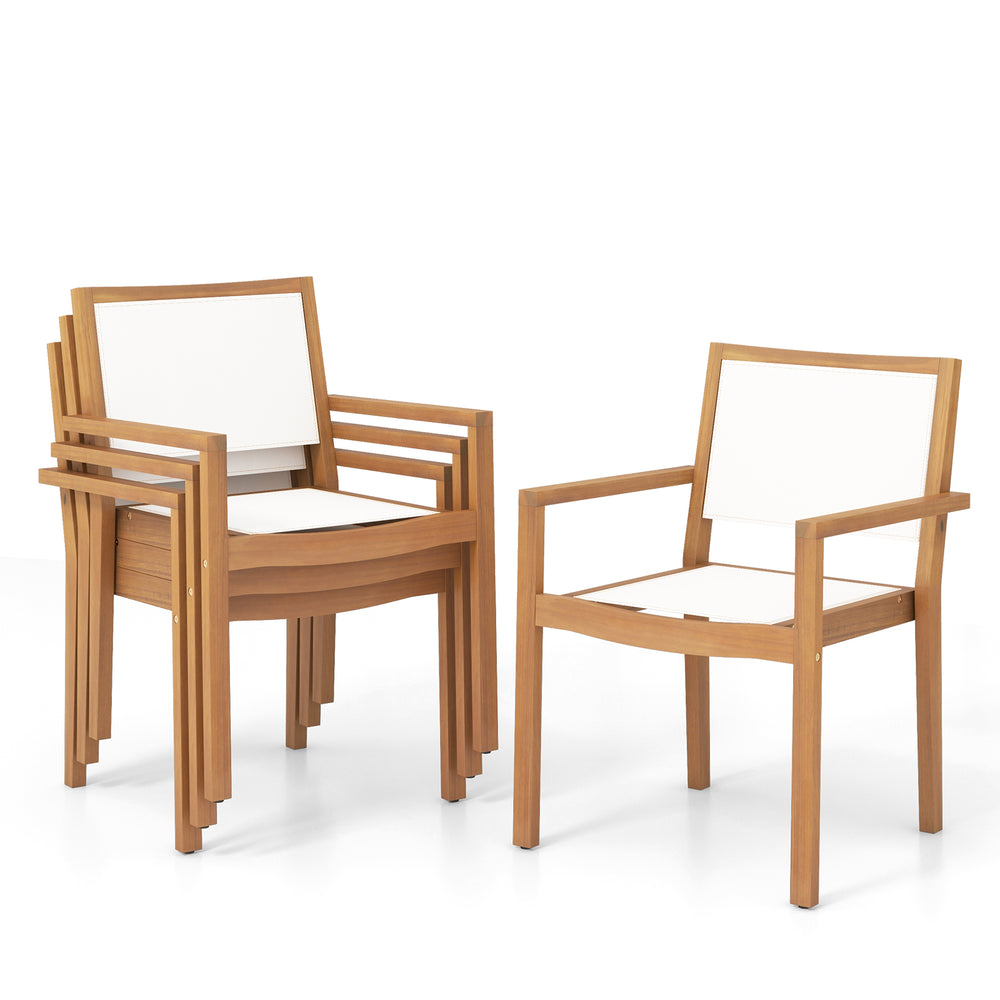Stackable outdoor dining chair set of 2 with acacia wood frame and ergonomic backrest, ideal for backyard use.