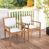 Stackable outdoor dining chair set of 2 with acacia wood frame and white fabric, perfect for backyard or balcony use.
