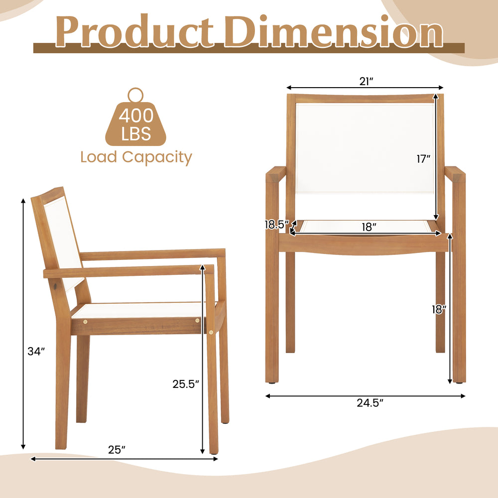 Stackable outdoor dining chair dimensions with acacia wood frame, ergonomic backrest, and 400 lbs load capacity.