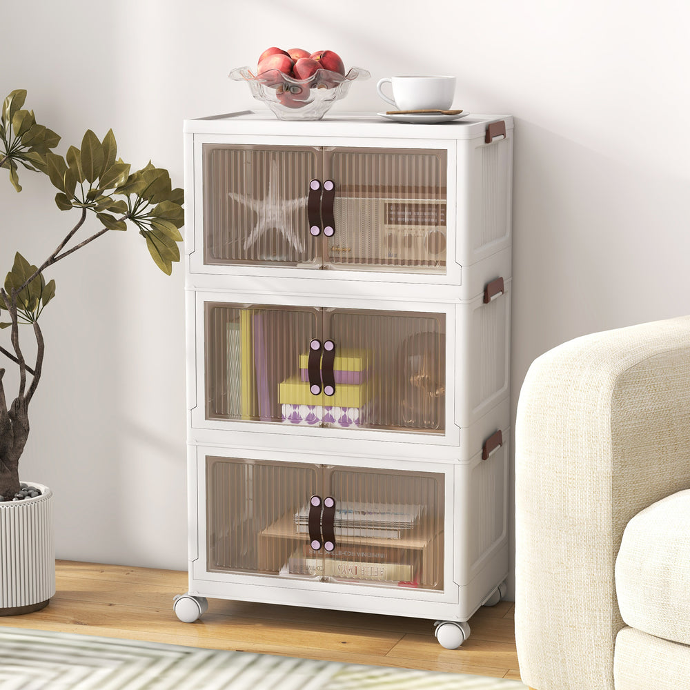 Stackable storage bins with magnetic doors and lockable casters, featuring translucent doors for easy access to items.