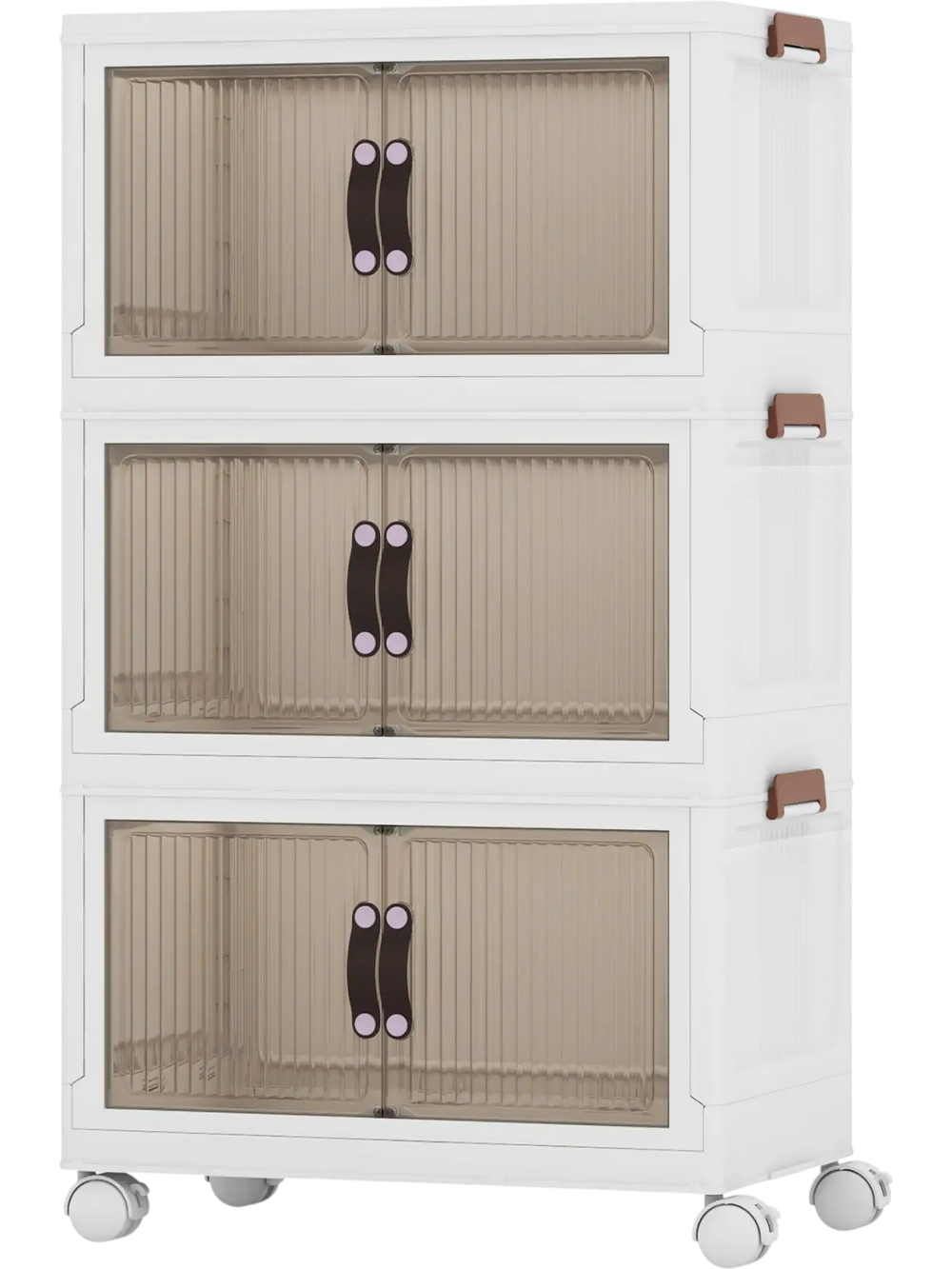 Stackable storage bins with magnetic doors and lockable casters provide versatile organization and easy access for various uses.