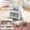 Stackable 25.5/60 Gal storage bins with magnetic doors, lockable casters, and convenient handles for versatile organization.