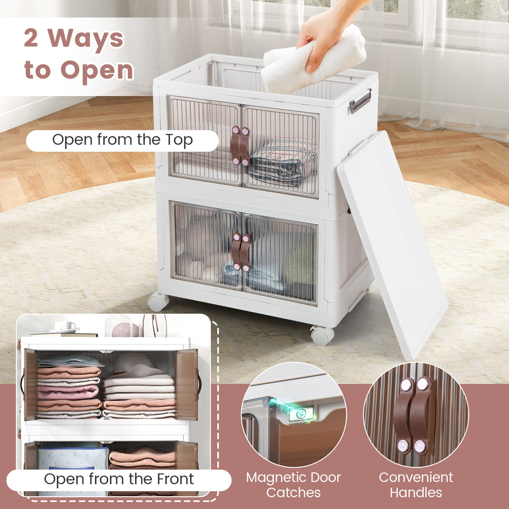 Stackable 25.5/60 Gal storage bins with magnetic doors, lockable casters, and convenient handles for versatile organization.