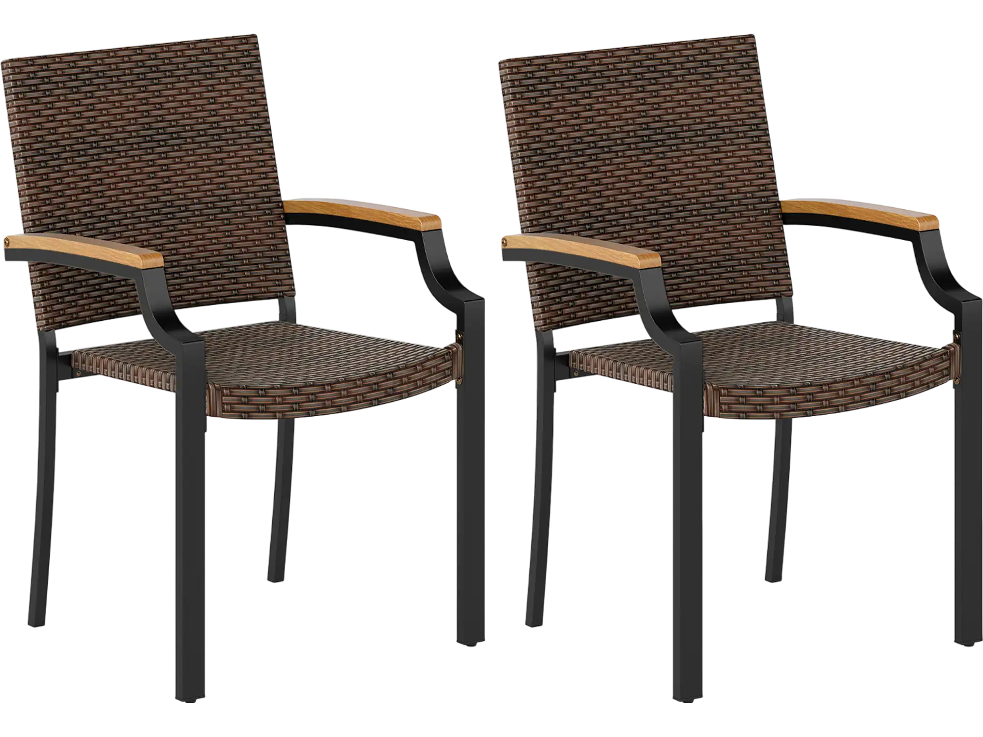 Costway Stacking Wicker Patio Dining Chairs Set of 2 w/ Acacia Wood Armrests 72655480 New