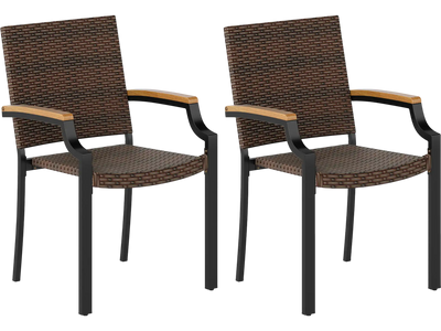 Costway Stacking Wicker Patio Dining Chairs Set of 2 w/ Acacia Wood Armrests 72655480 New