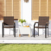 Stacking wicker chairs set of 2 with acacia wood armrests, perfect for outdoor patio dining and space-saving storage.