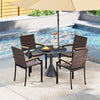 Stacking wicker chair with smooth acacia wood armrests, featuring a sturdy metal frame and ergonomic design for outdoor.