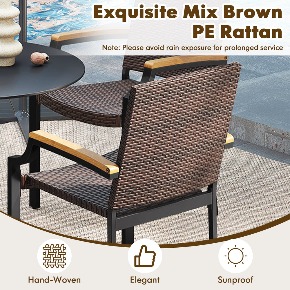 Stacking wicker chairs set of 2 with acacia wood armrests, hand-woven PE rattan, perfect for outdoor dining.