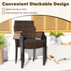 Stackable wicker dining chairs with acacia wood armrests, featuring a sturdy metal frame for outdoor patio use.