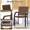 Stacking wicker chair with ergonomic backrest, acacia wood armrests, and PE rattan for outdoor patio comfort.