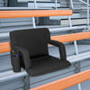 Black stadium seat for bleachers with adjustable back support, cup holder, and storage pocket for convenient use.