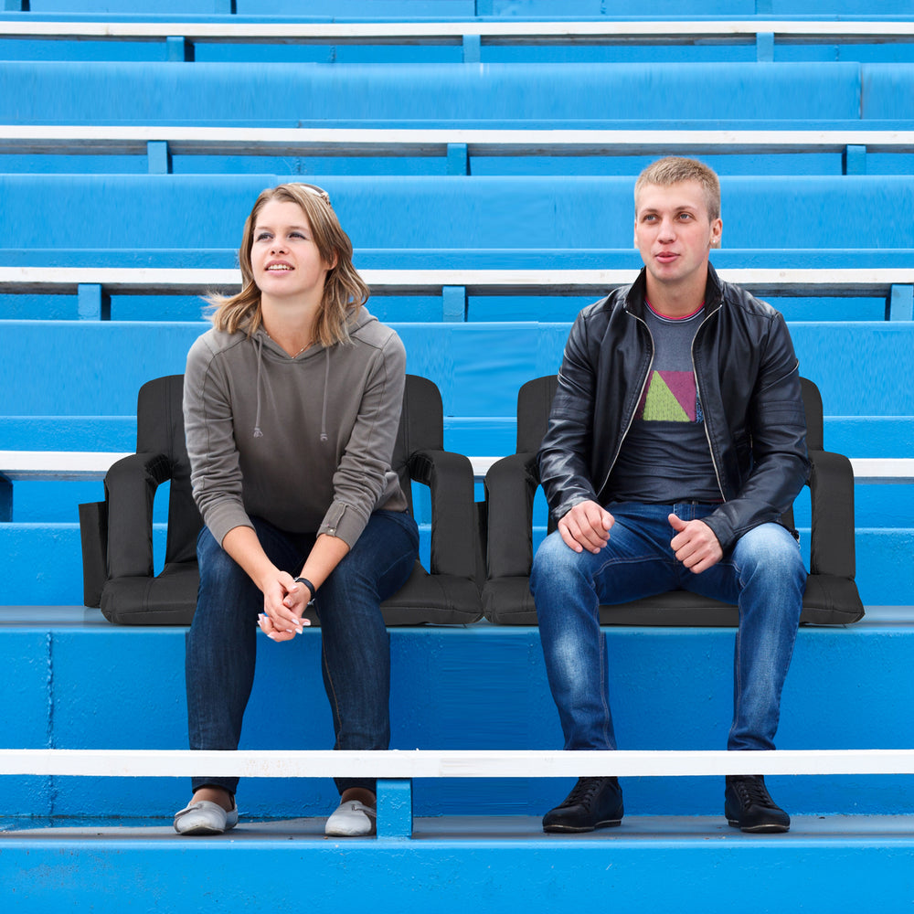 Stadium seat for bleachers in black with adjustable back support, featuring a cup holder and portable design for easy.
