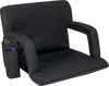 Black stadium seat with back support, 6 adjustable positions, side cup holder, and zippered pocket for easy storage.