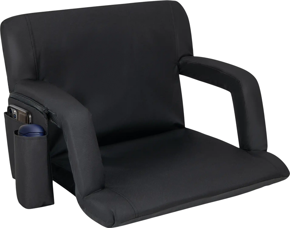 Black stadium seat with back support, 6 adjustable positions, side cup holder, and zippered pocket for easy storage.