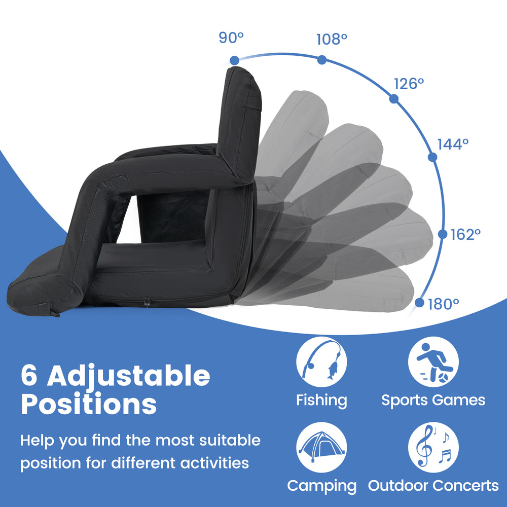 Black stadium seat with back support, featuring 6 adjustable positions for comfort during outdoor concerts and sports.