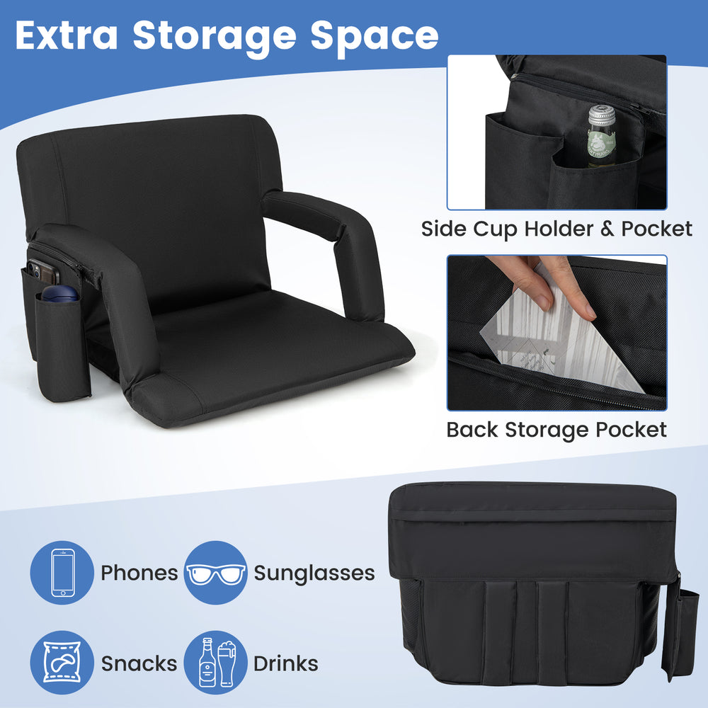 Adjustable black stadium seat with back support, featuring side cup holder, back pocket, and portable design for.