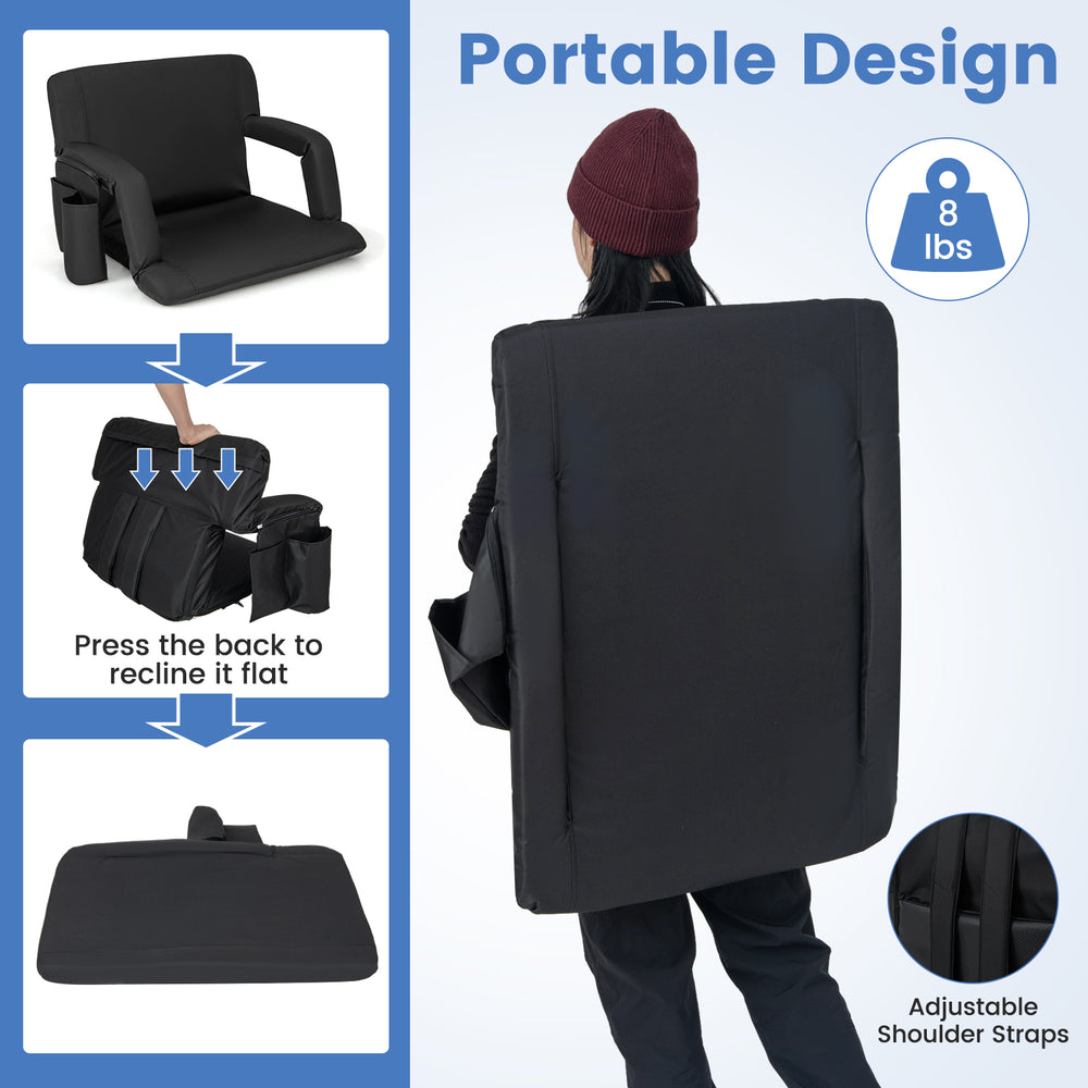 Black stadium seat with back support, 6 adjustable positions, lightweight design, and side cup holder for bleachers.