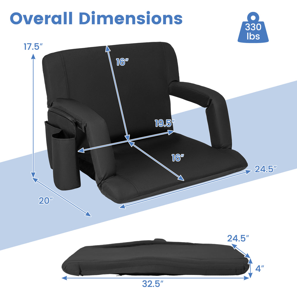 Stadium seat for bleachers in black with adjustable backrest, cup holder, and dimensions for portable comfort.
