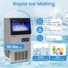 Stainless steel commercial ice maker with 110 lbs daily output, 25 lbs storage, and rapid 36 pcs ice cubes per cycle.