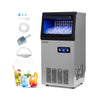 Stainless steel commercial ice maker producing 110 lbs of ice daily, featuring a see-through door and intuitive control.