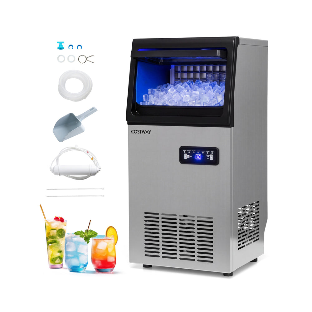 Stainless steel commercial ice maker producing 110 lbs of ice daily, featuring a see-through door and intuitive control.