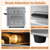Close-up of the stainless steel countertop convection oven's hot air outlet and non-slip foot pads for stability.
