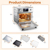 Stainless steel countertop convection oven with 26 QT capacity, showing dimensions and included accessories for.