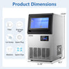 Stainless steel ice maker with control panel, 30 lbs storage, and dimensions for under counter or floor use.