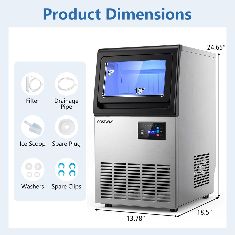 Stainless steel ice maker with control panel, 30 lbs storage, and dimensions for under counter or floor use.
