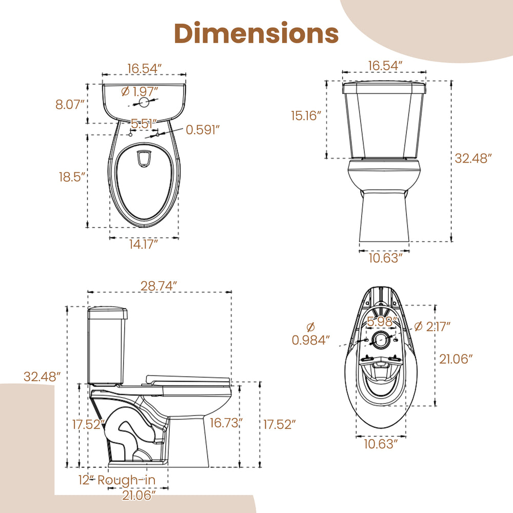 Dimensions of the Standard Toilet with 17.5" ADA comfort height seat, featuring dual flush and elongated bowl design.