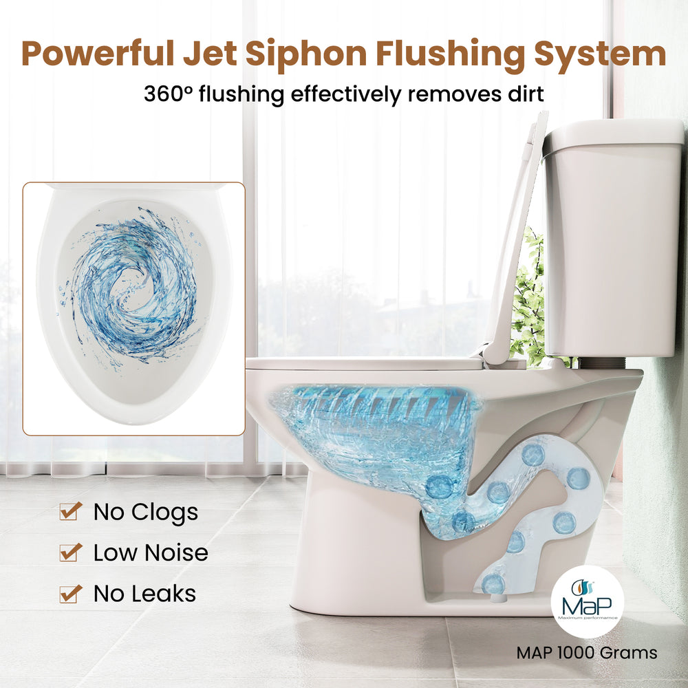 Standard toilet with 17.5" ADA height seat, featuring a 360° jet siphon flushing system for effective dirt removal.