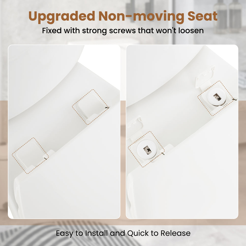 Close-up of the upgraded non-moving seat with strong screws on the Standard Toilet for easy installation and stability.