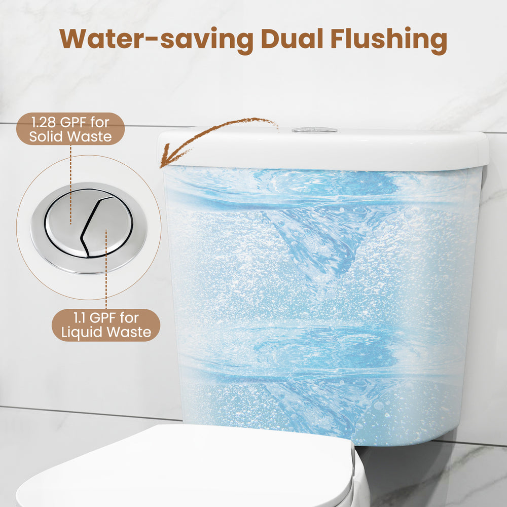 Water-saving dual flush toilet with 1.28 GPF for solid waste and 1.1 GPF for liquid waste, featuring a 17.5" ADA height.