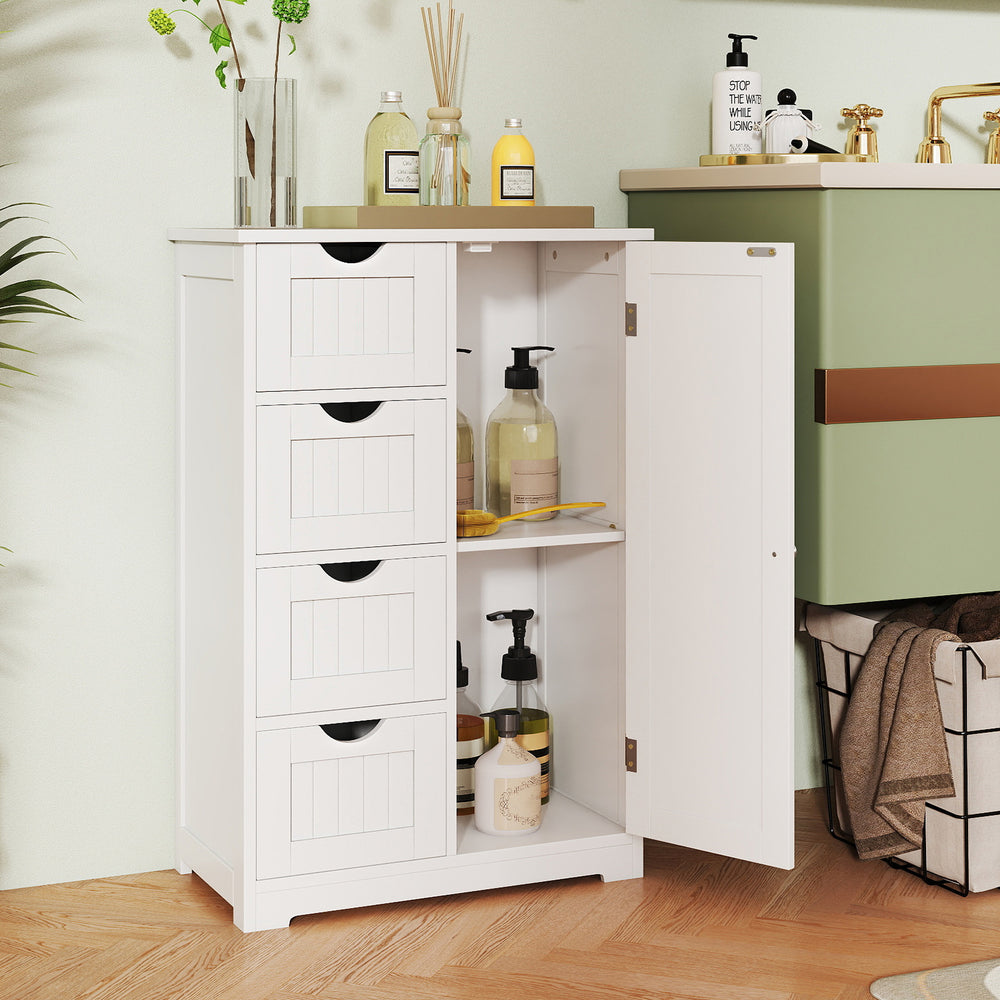 Standing indoor wooden cabinet in white with 4 drawers and 1 door, ideal for bathroom or bedroom storage.