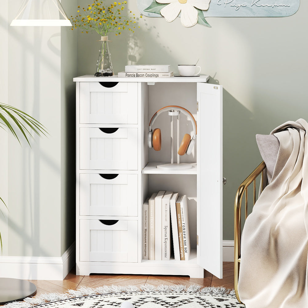 Standing indoor wooden cabinet in white with four drawers and one door, ideal for organizing various essentials.