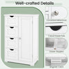 Standing indoor wooden cabinet in white with four slatted drawers and one door cabinet, ideal for organized storage.