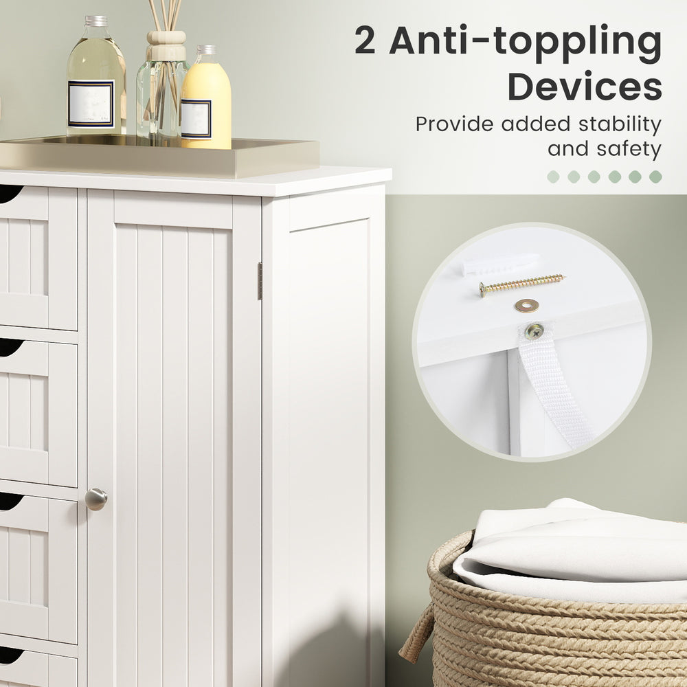 Standing indoor wooden cabinet in white with 4 drawers and anti-tipping devices for added stability and safety.