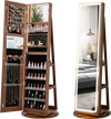 Standing jewelry cabinet in brown with adjustable LED lights, featuring a full-length mirror and organized storage.