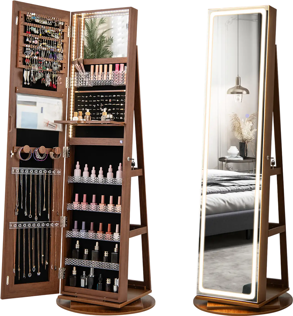 Standing jewelry cabinet in brown with adjustable LED lights, featuring a full-length mirror and organized storage.