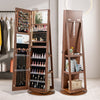 Standing jewelry cabinet in brown with adjustable LED lights, featuring a full-length mirror and organized storage for.