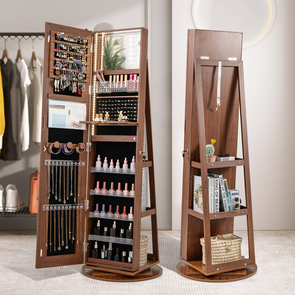 Standing jewelry cabinet in brown with adjustable LED lights, featuring a full-length mirror and organized storage for.