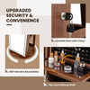 Standing jewelry cabinet in brown with a lockable door, 360° swivel base, and foldable makeup shelf for convenience.