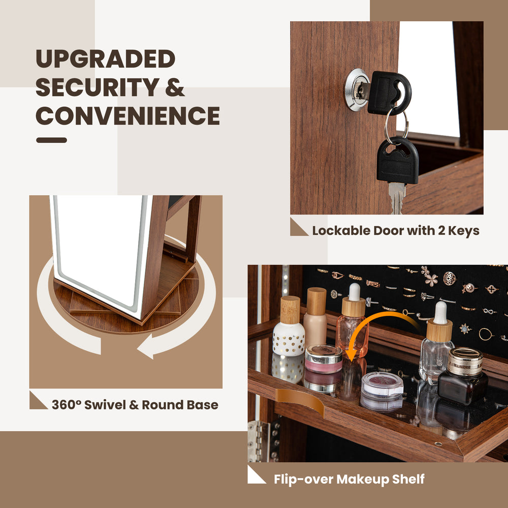 Standing jewelry cabinet in brown with a lockable door, 360° swivel base, and foldable makeup shelf for convenience.