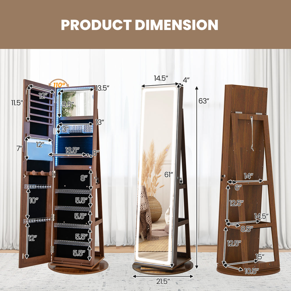 Dimensions of the standing jewelry cabinet with LED lights, showcasing its full-length mirror and versatile storage.