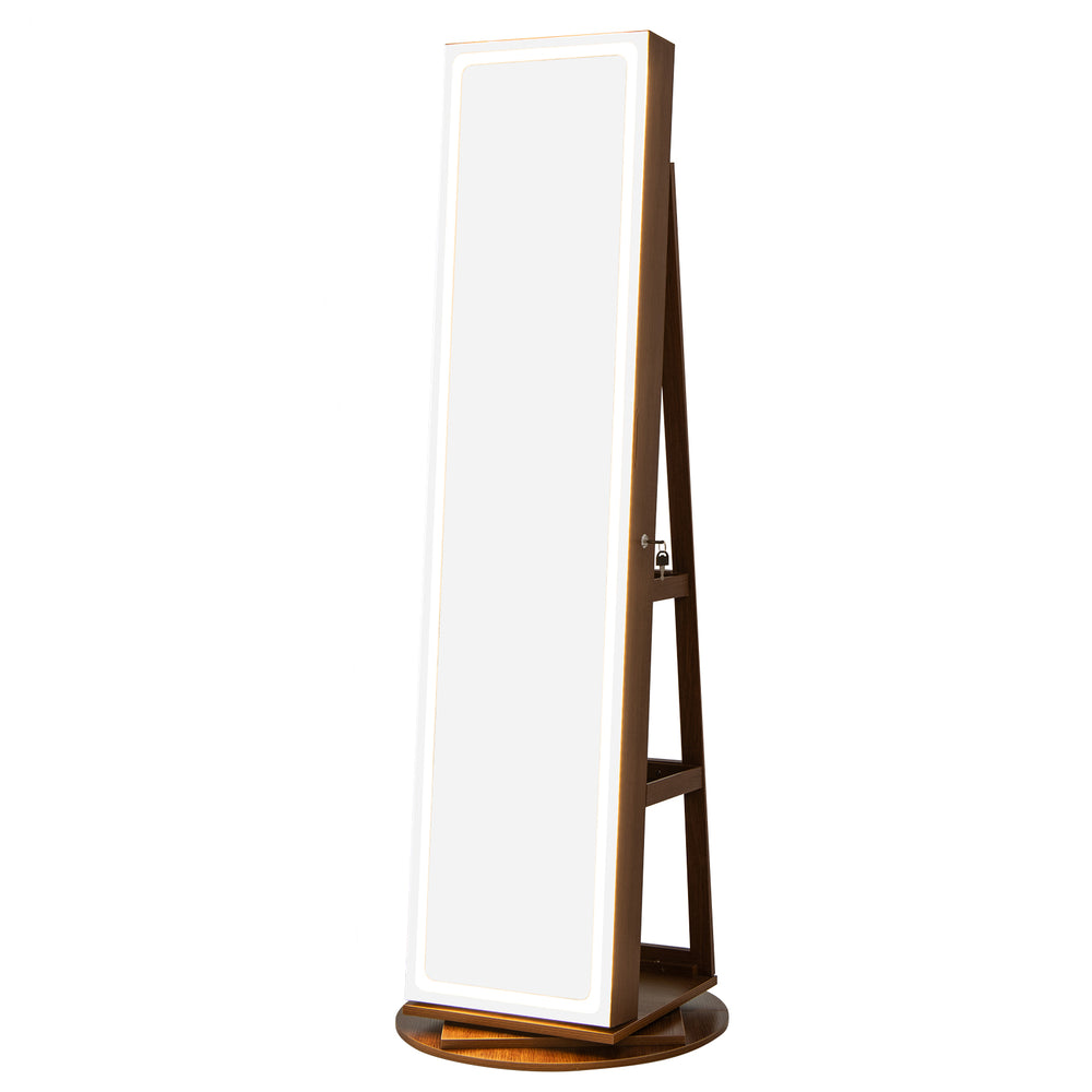 Standing jewelry cabinet in brown with adjustable LED lights, serving as a full-length mirror and organized storage.