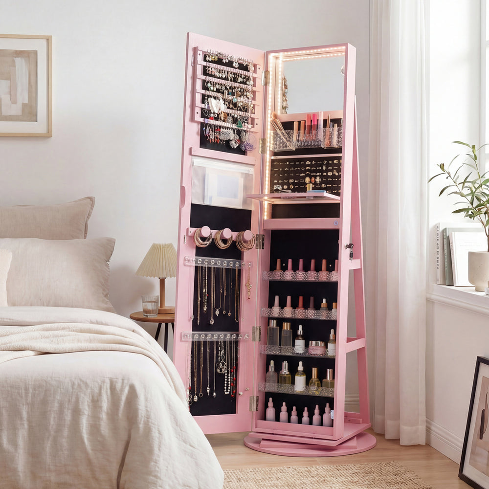 Standing Jewelry Cabinet with Adjustable LED Lights-Pink - Gallery View 1 of 10