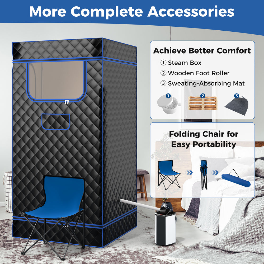 Portable steam sauna in black with a foldable chair, 3L steam generator, and accessories for home relaxation.