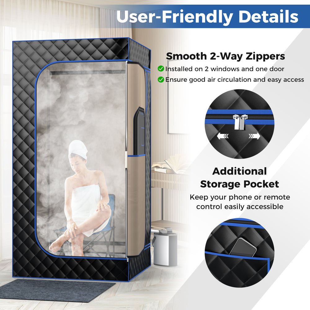 Portable steam sauna with smooth 2-way zippers, additional storage pocket, and 3L steam generator for home relaxation.