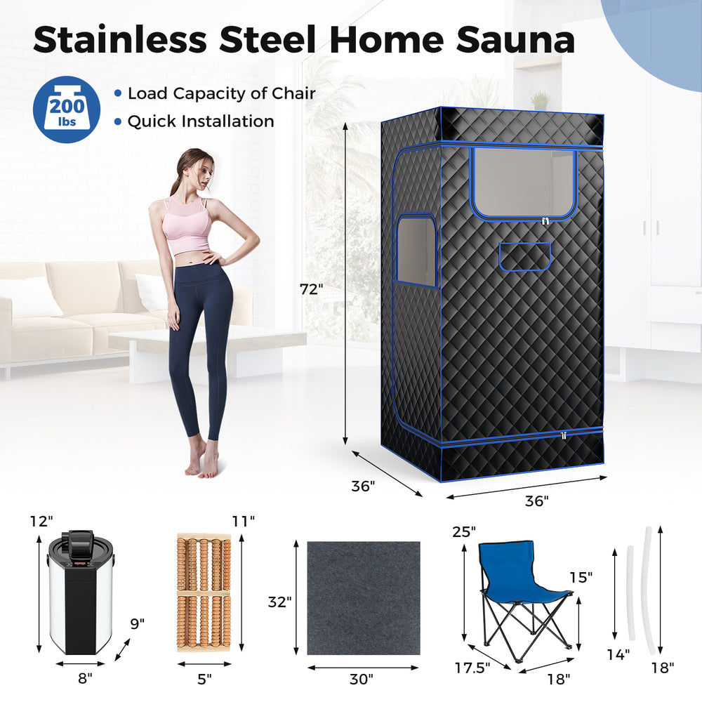 Portable steam sauna with stainless steel generator, foldable chair, and remote control for home relaxation and.